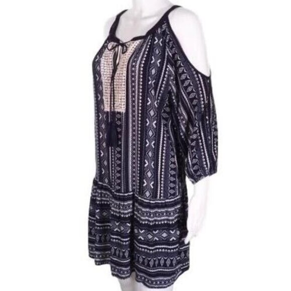 Ya Los Angeles BoHo Dress Size M Womens Cold Shoulder Blue White - Picture 3 of 7